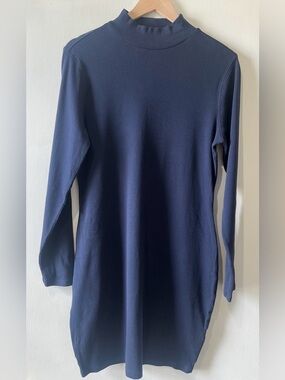 Old Navy Dress Womens L High Mock Neck Micro Ribbed Long Sleeve Bodycon Blue